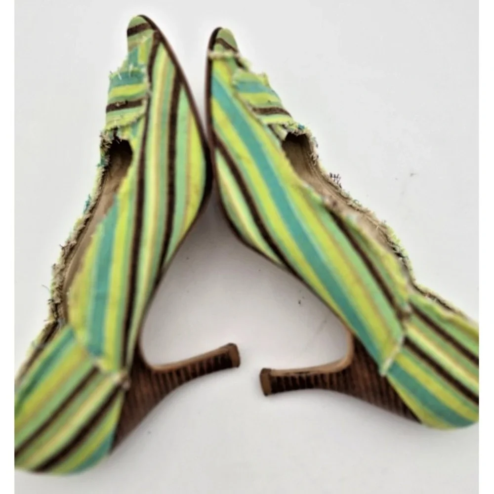 Ginger Goff Peep Toe Heels 7 Women's‎ Green Striped Frayed Wooden 3